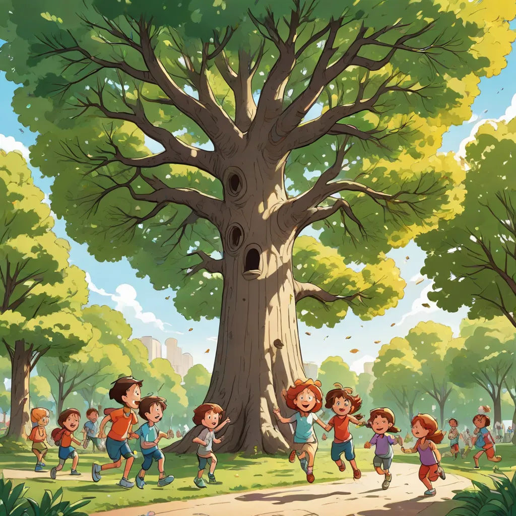 a group of children running around a tree in a park with a birdhouse in the middle of the tree, environmental art, a storybook illustration, Diego Gisbert Llorens, storybook illustration