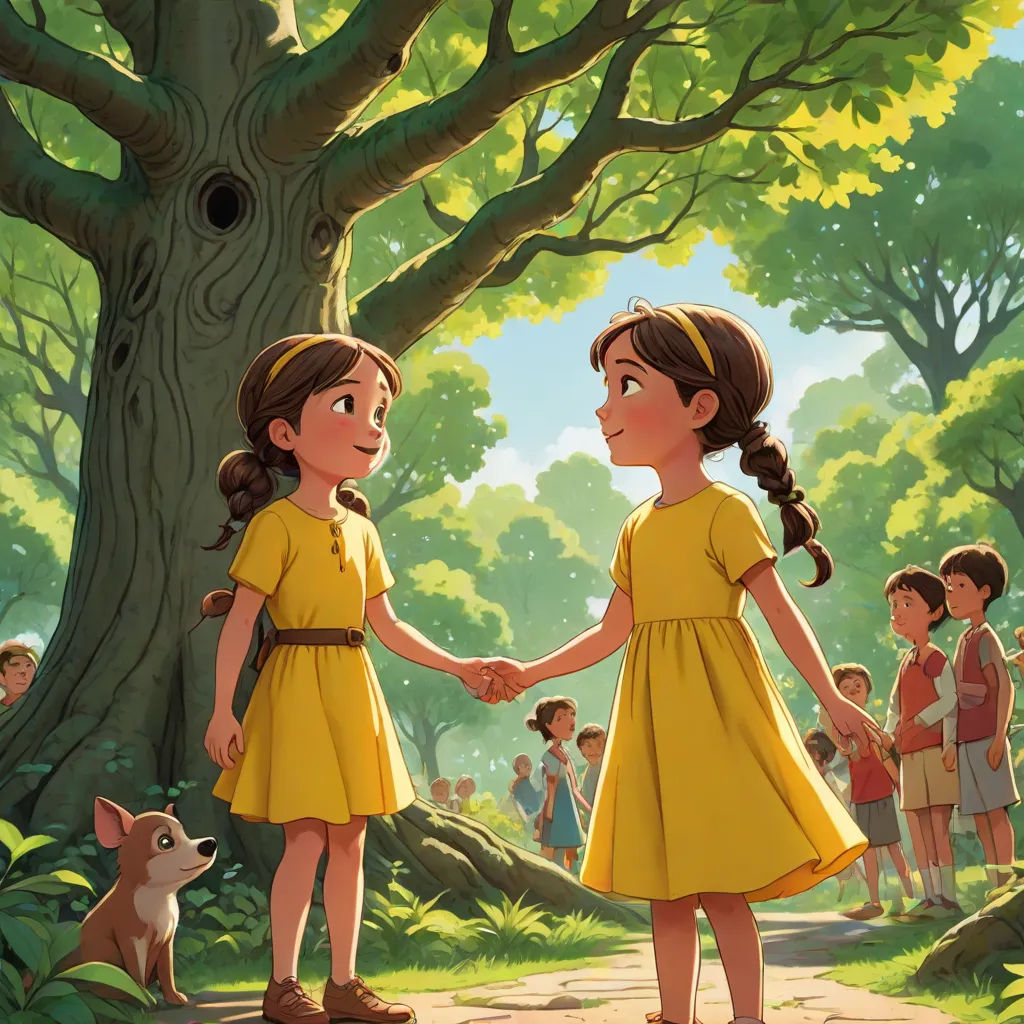 two girls in yellow dresses holding hands in front of a tree with a dog on the ground and people standing around, american scene painting, a storybook illustration, Brothers Hildebrandt, official art