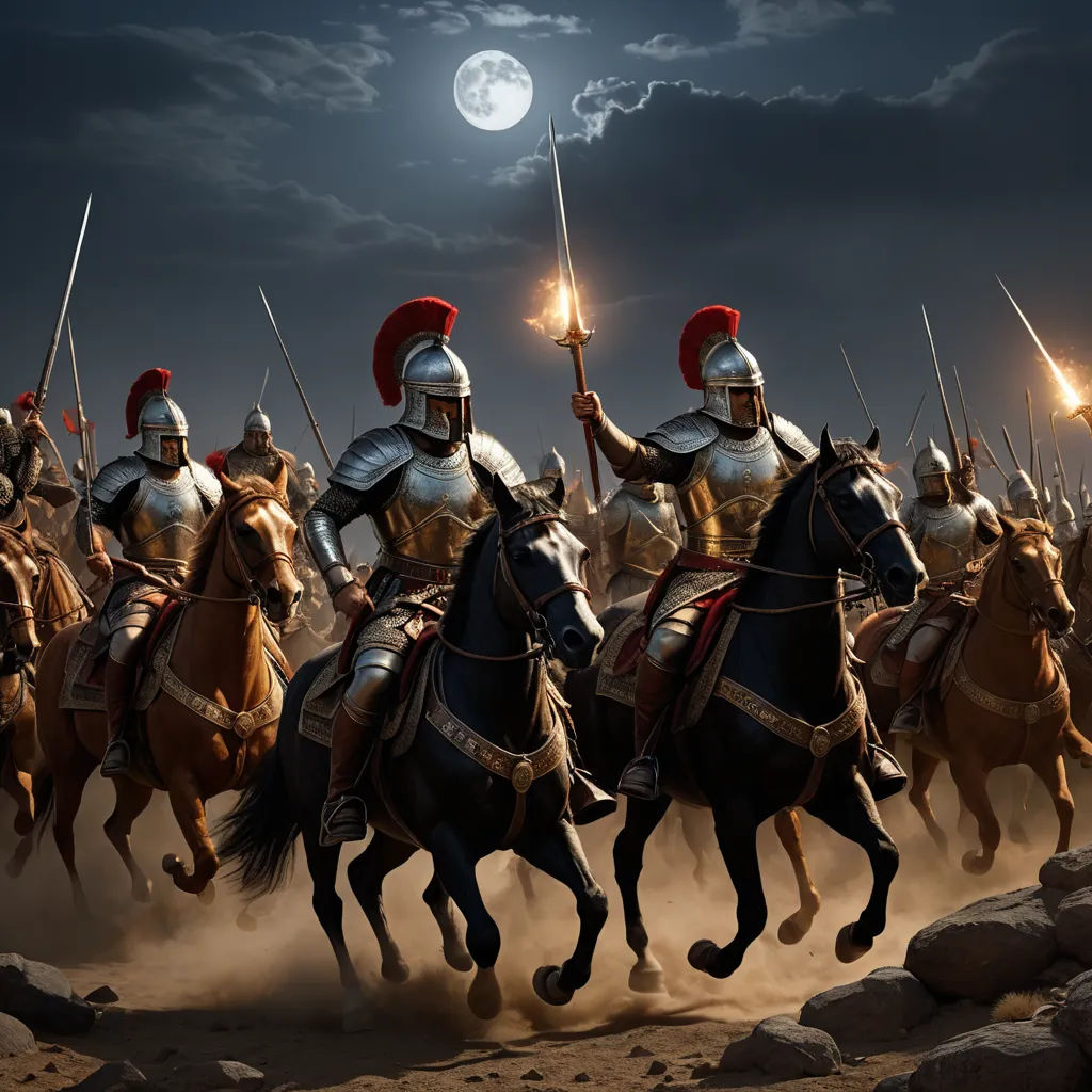 a group of men in armor riding on horses in the desert at night with a full moon in the background, antipodeans, a detailed matte painting, Boleslaw Cybis, highly detailed digital painting