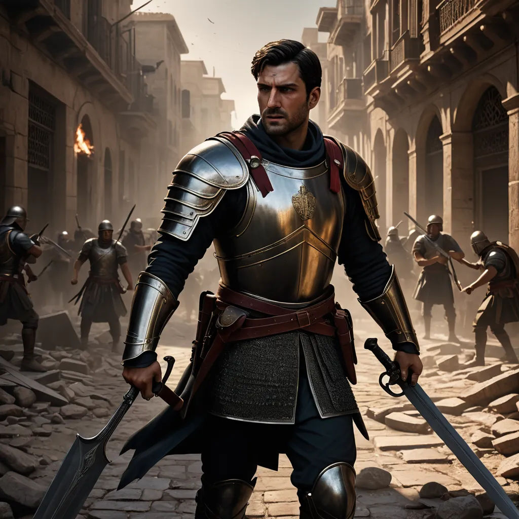 a man in a suit of armor holding two swords in a street with other men in the background in a video game, antipodeans, a detailed matte painting, Altoon Sultan, promotional image