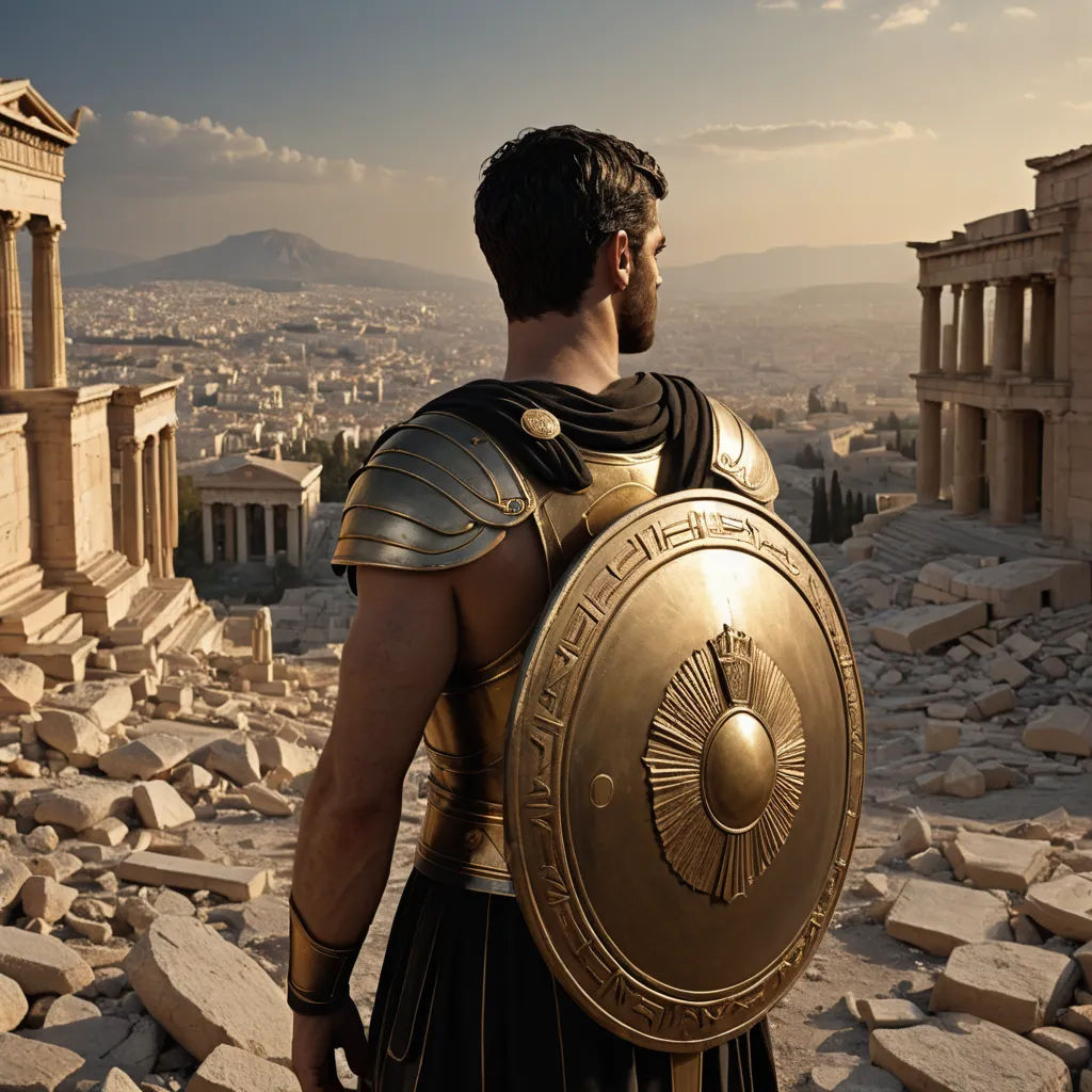a man in a roman costume stands on a rocky hill overlooking the city of a city with ruins and ruins, neoclassicism, a detailed matte painting, Exekias, cinematic matte painting