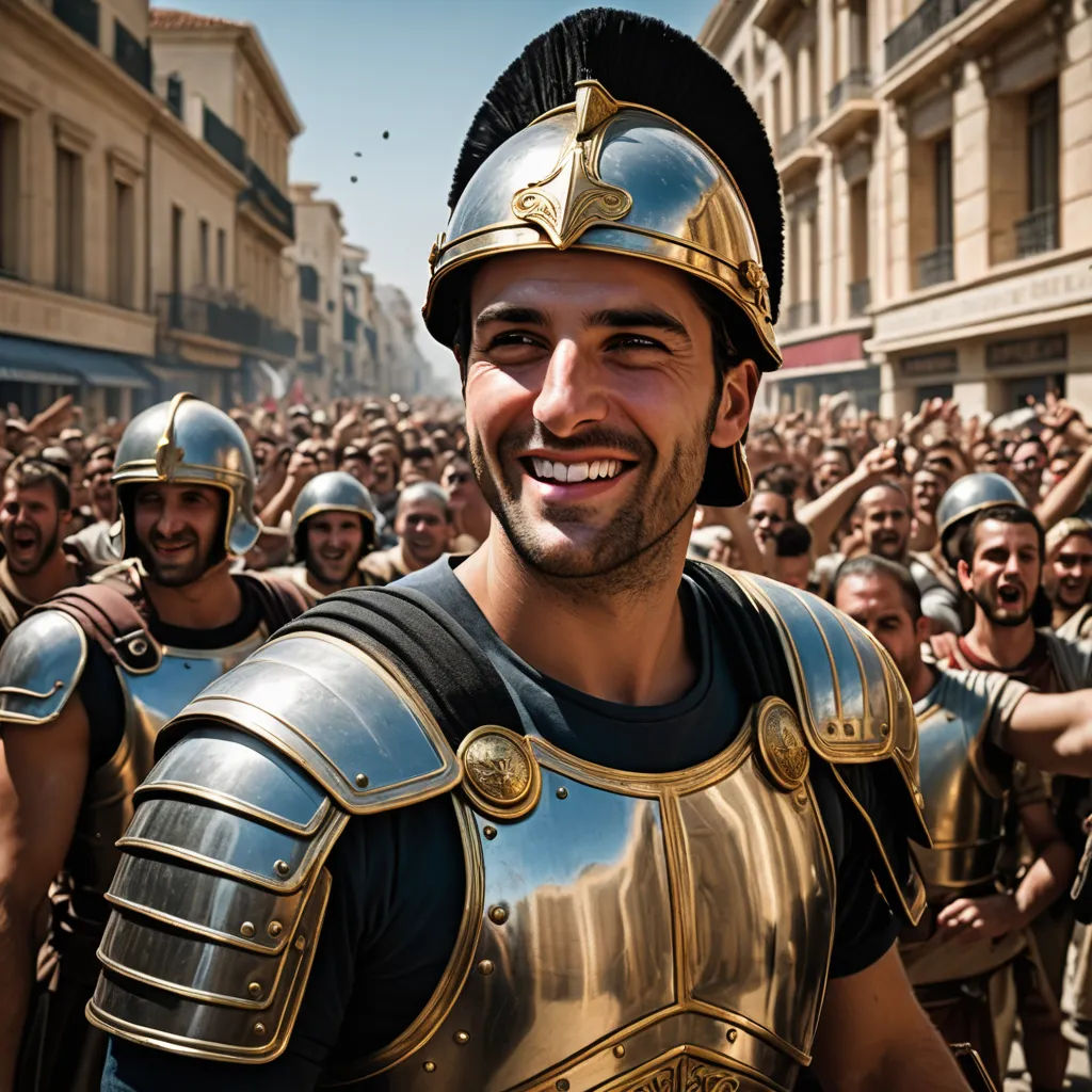 a man in a roman gladia costume standing in front of a crowd of people wearing helmets and armor, antipodeans, a colorized photo, Alexis Grimou, promotional image