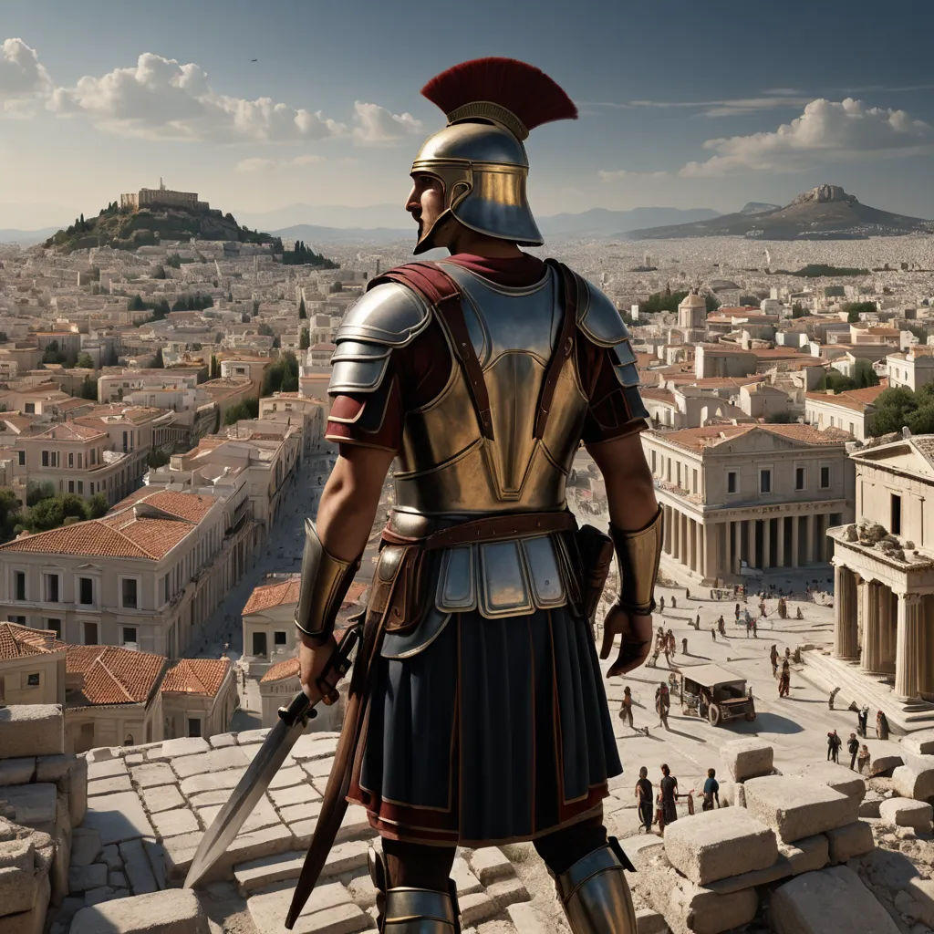a man in a roman armor standing on a stone platform with a city in the background and a castle in the distance, classical realism, a detailed matte painting, Exekias, cinematic matte painting