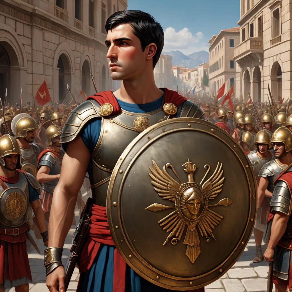 a man in a roman costume standing in front of a crowd of people in a city square with a shield and a helmet, fantasy art, a detailed matte painting, Clint Cearley, epic fantasy character art