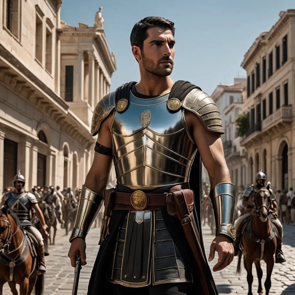 a man in a gold armor and a horse in a street with other men in the background on horseback, antipodeans, a bronze sculpture, Altoon Sultan, promotional image