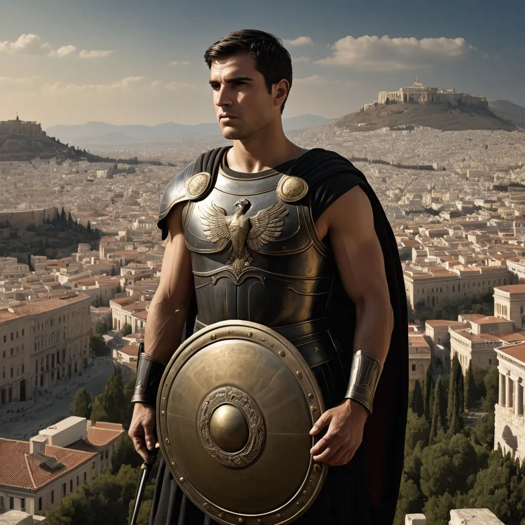 a man in a roman costume standing in front of a cityscape with a shield and a sword, neoclassicism, a detailed matte painting, Apelles, cinematic matte painting