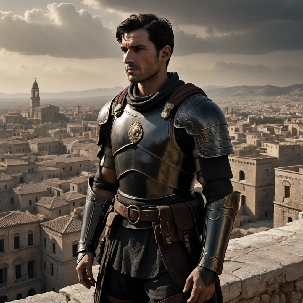 a man in a suit of armor standing on a ledge in front of a cityscape with a cloudy sky, antipodeans, a detailed matte painting, Cedric Seaut (Keos Masons), promotional image