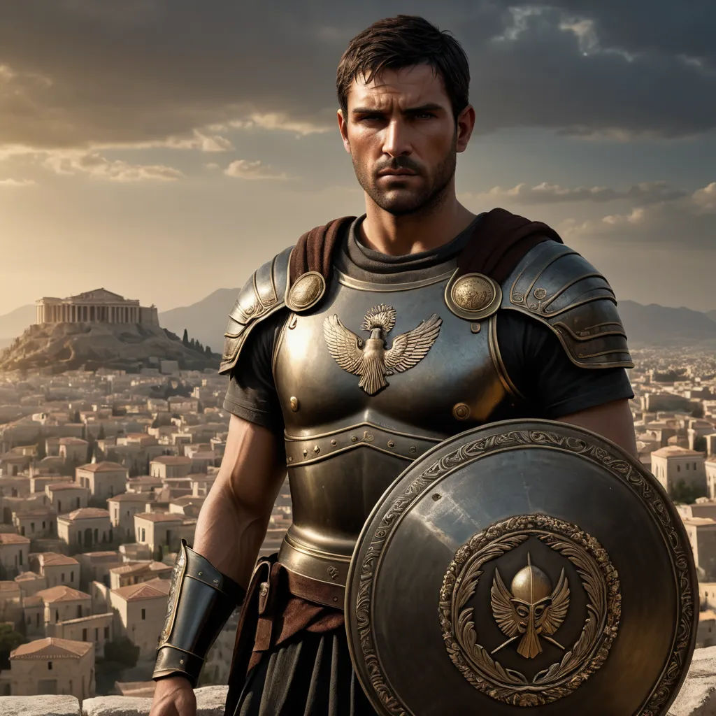 a man in a roman costume standing in front of a cityscape with a sword and shield on his shoulder, antipodeans, a detailed matte painting, Cedric Seaut (Keos Masons), cryengine