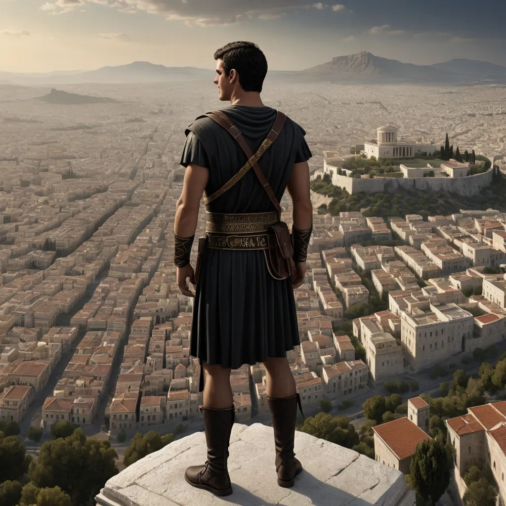 a man in a roman costume standing on a ledge overlooking a cityscape and hills in the distance, classical realism, a detailed matte painting, Cedric Seaut (Keos Masons), cinematic matte painting