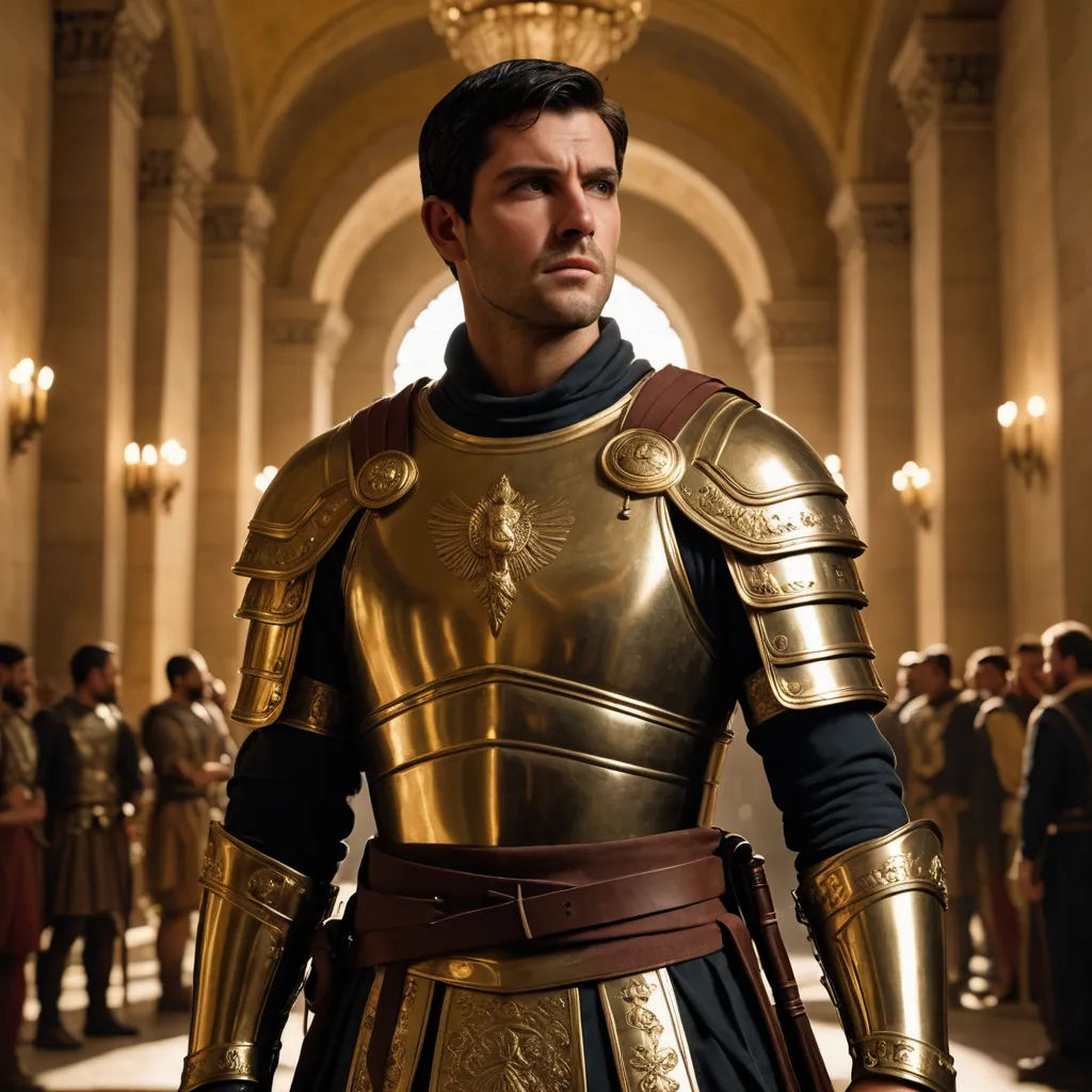 a man in a gold armor standing in a hallway with other people in the background wearing gold and black, antipodeans, a bronze sculpture, david rubín, promotional image