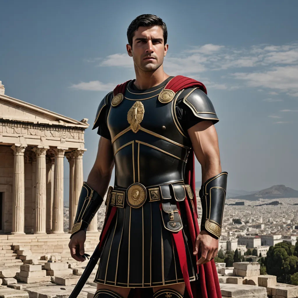 a man in a roman costume standing in front of a building with columns and a part of the part of the part of the part of the building behind him, neoclassicism, a detailed matte painting, Alexis Grimou, behance hd