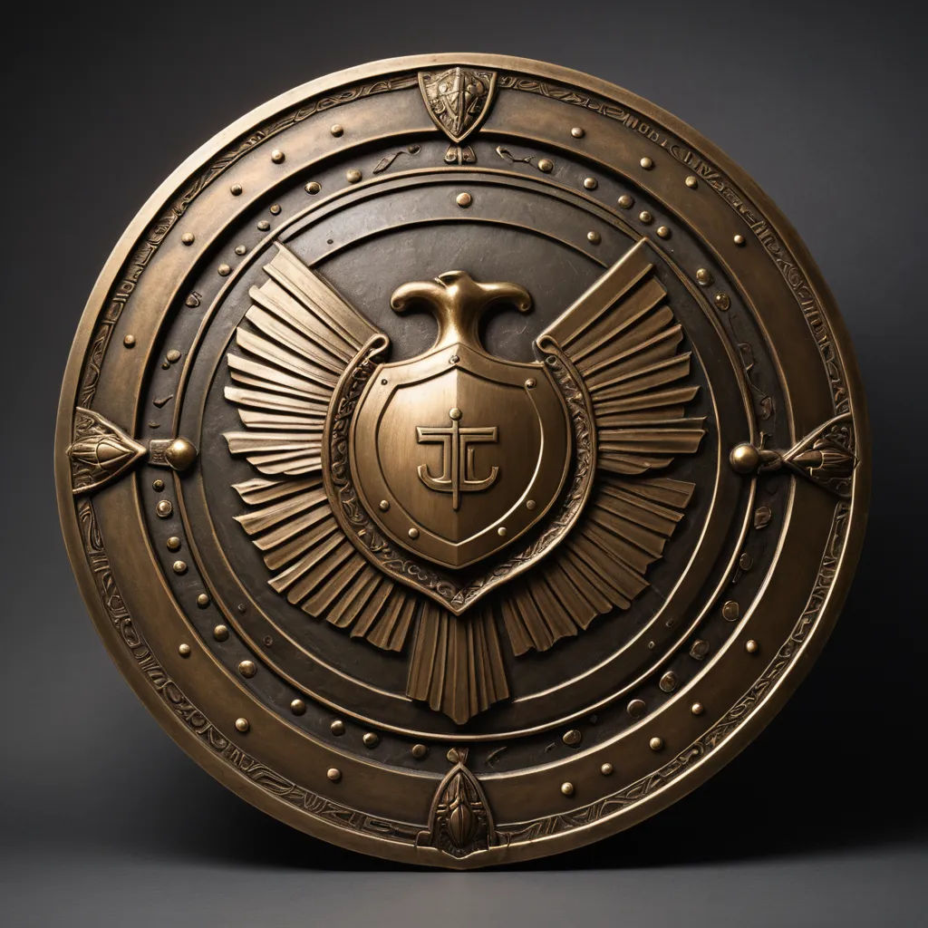 a golden shield with a bird on it's side and a cross on the front of it, on a dark background, antipodeans, a 3D render, Artur Tarnowski, hard surface