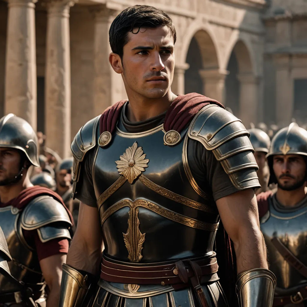 a man in a roman armor standing in front of a crowd of men in front of a building with columns, antipodeans, a bronze sculpture, Daryush Shokof, promotional image