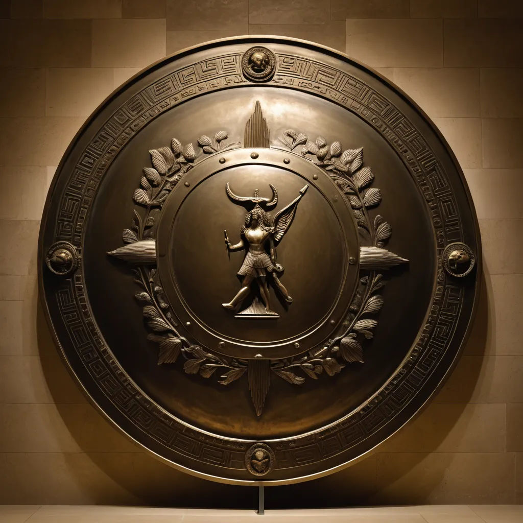 a large metal plaque with a man holding a sword and a shield with a deer on it in a room, neoclassicism, a bronze sculpture, Enguerrand Quarton, book cover