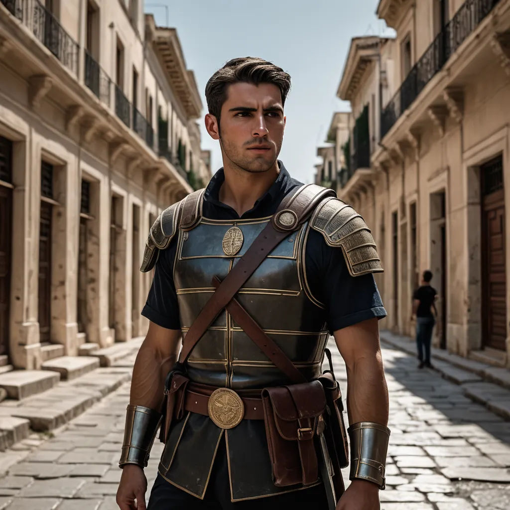 a man in a roman armor standing on a street in a city with buildings and a man in a black shirt, antipodeans, a character portrait, Enrico Baj, promotional image