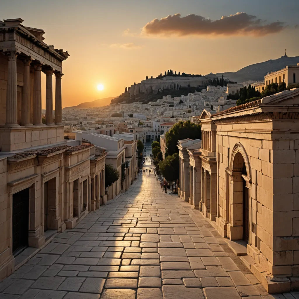 a street with a few buildings on the side of it and a sunset in the background with a few clouds, neoclassicism, a detailed matte painting, Exekias, city background