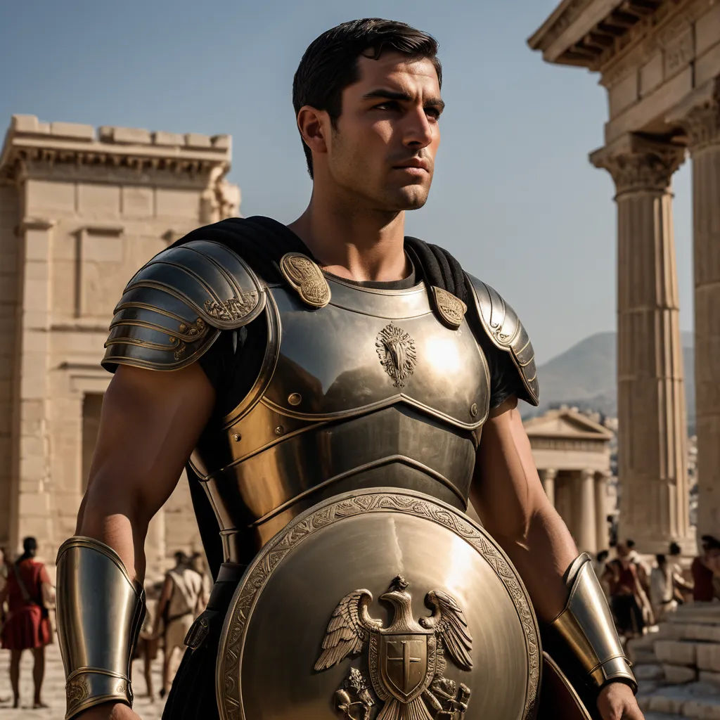 a man in a roman costume standing in front of a building with a shield and a sword in his hand, neoclassicism, a bronze sculpture, Altichiero, promotional image