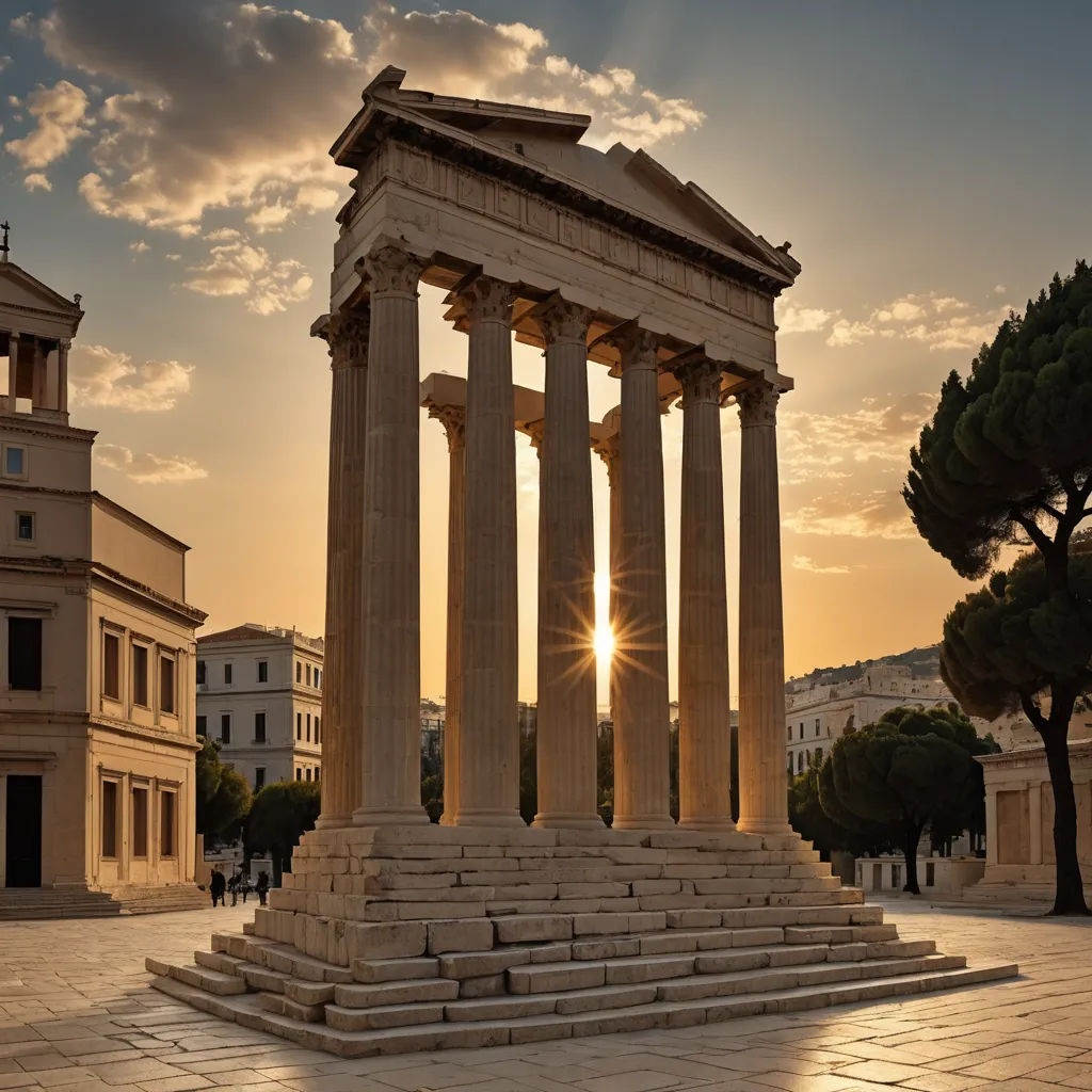 a large stone structure with columns and pillars on a stone floor in front of a building with a sun setting behind it, neoclassicism, a marble sculpture, Apelles, tone mapping