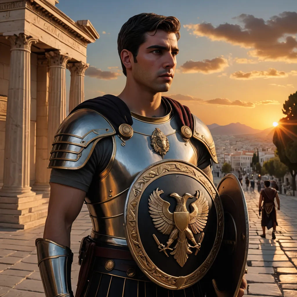 a man in a roman costume standing on a street with a sunset in the background and a statue in the foreground, classical realism, a detailed matte painting, Cedric Seaut (Keos Masons), cinematic matte painting