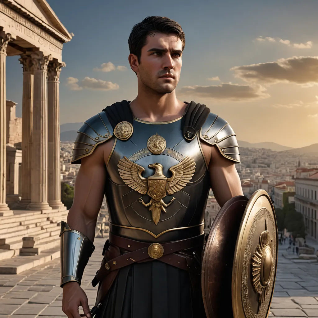 a man in a roman costume standing in front of a building with a shield and a sword in his hand, neoclassicism, a detailed matte painting, Cedric Seaut (Keos Masons), promotional image
