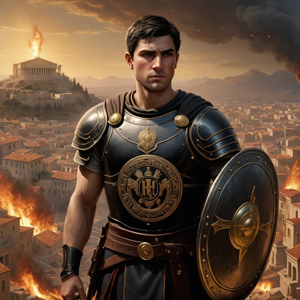 a man in a roman armor standing in front of a city with flames in the background and a castle on top, antipodeans, a detailed matte painting, Clint Cearley, epic fantasy character art