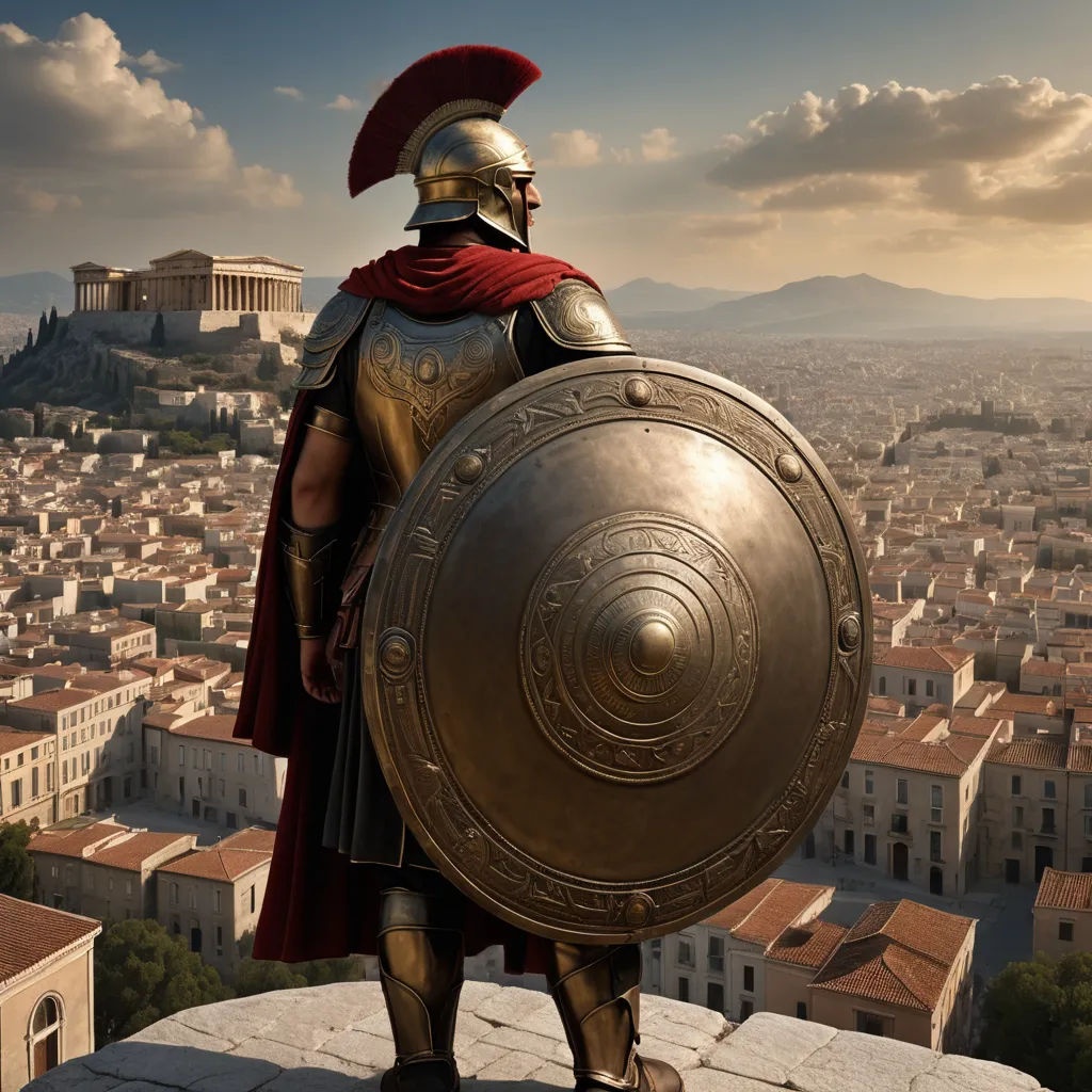 a man in a roman armor stands on a ledge overlooking a city and a castle with a golden shield, antipodeans, a detailed matte painting, Exekias, cinematic matte painting