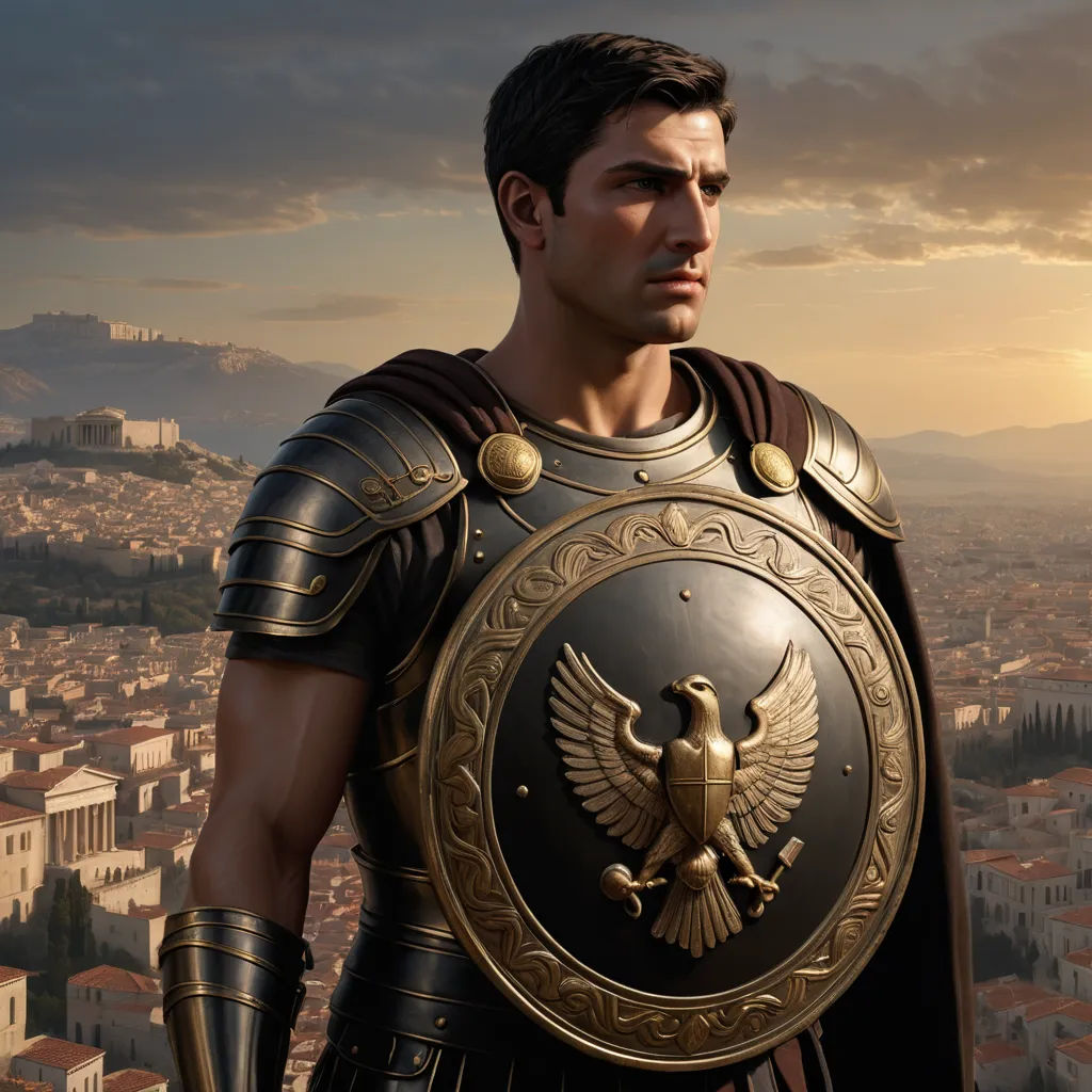 a man in a roman armor stands in front of a cityscape with a bird on it's shield, classical realism, a detailed matte painting, Cedric Seaut (Keos Masons), unreal engine 5 highly rendered