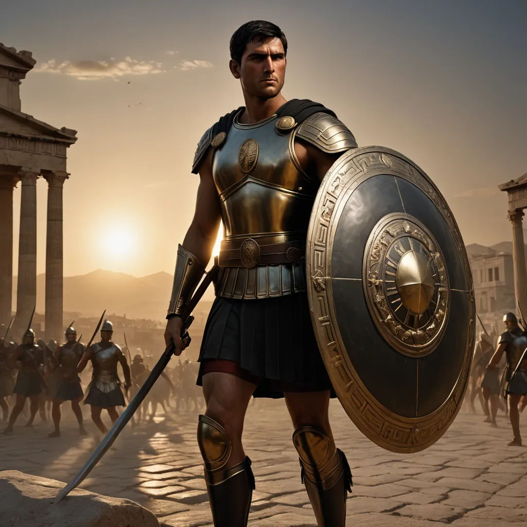 a man in a roman costume holding a sword and shield in front of a crowd of people in a city, antipodeans, a detailed matte painting, Cedric Seaut (Keos Masons), weta digital