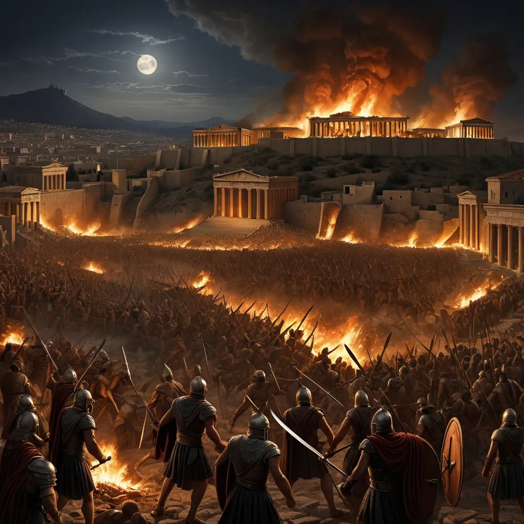 a painting of a battle with a lot of people in it and a lot of fire burning in the sky, neoclassicism, a detailed matte painting, Apelles, cinematic matte painting