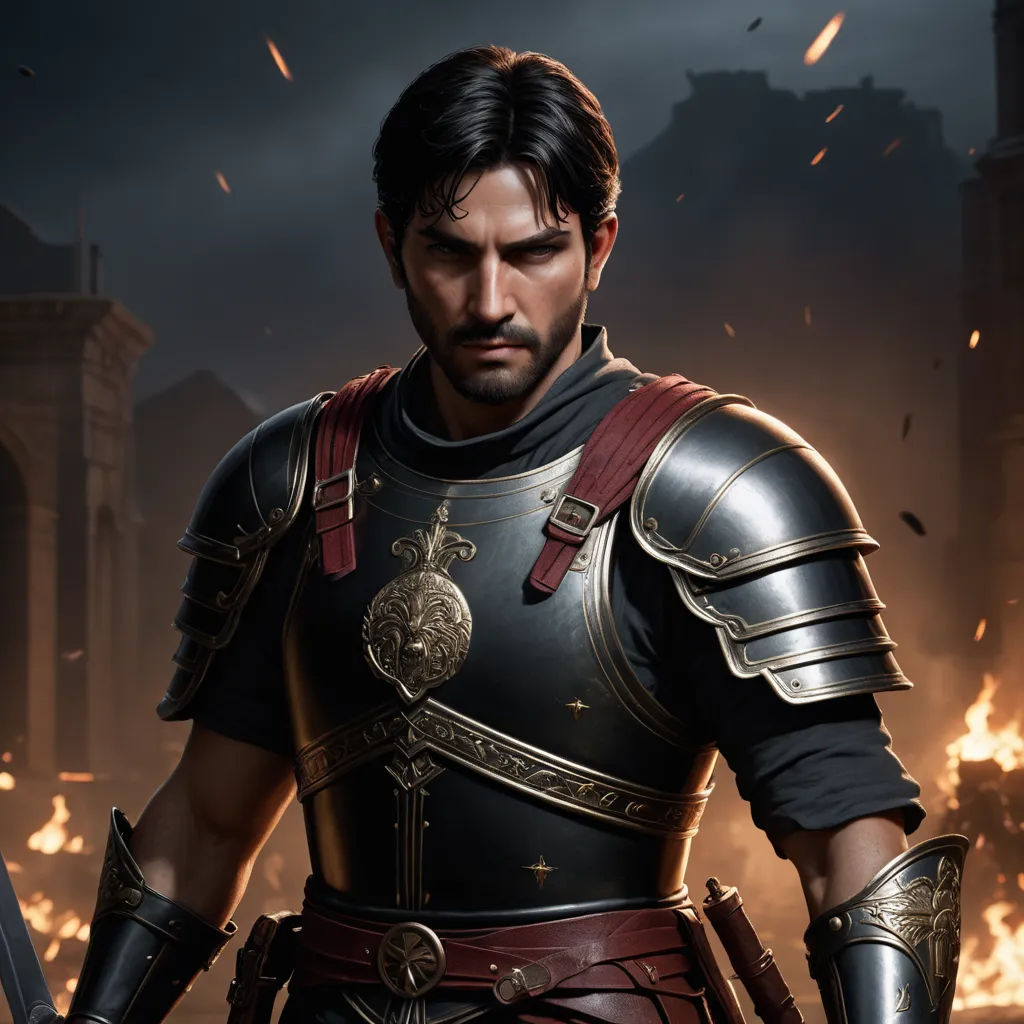 a man in a black and red outfit holding a sword and a sword in his hand in front of a fire, antipodeans, concept art, Cedric Peyravernay, unreal engine highly rendered