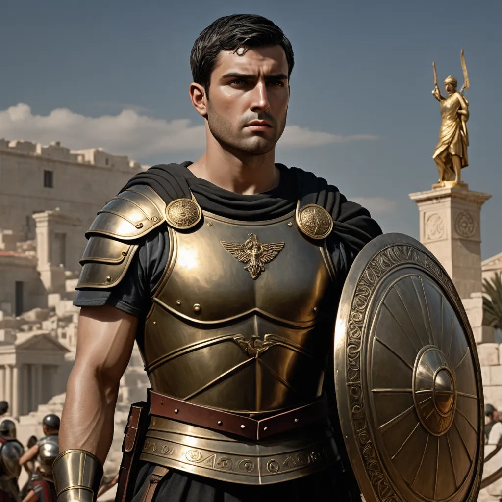 a man in a gold armor holding a shield and a shield with a golden statue behind him in the background, antipodeans, a detailed matte painting, Daryush Shokof, promotional image