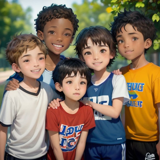 a group of children standing next to each other in a park with trees in the background and a sign that says,