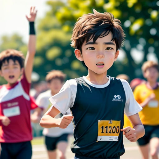 a group of young children running in a race together in a park or park area with trees in the background