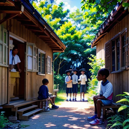 a group of children standing outside of a wooden building next to a forest and trees with a few people standing on the porch