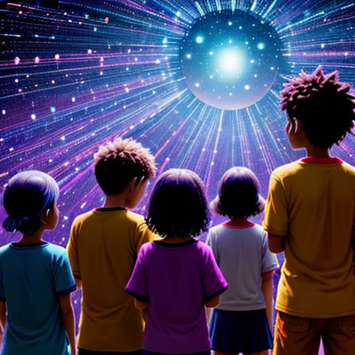 a group of children looking at a space filled with stars and a bright light source in the center of the image