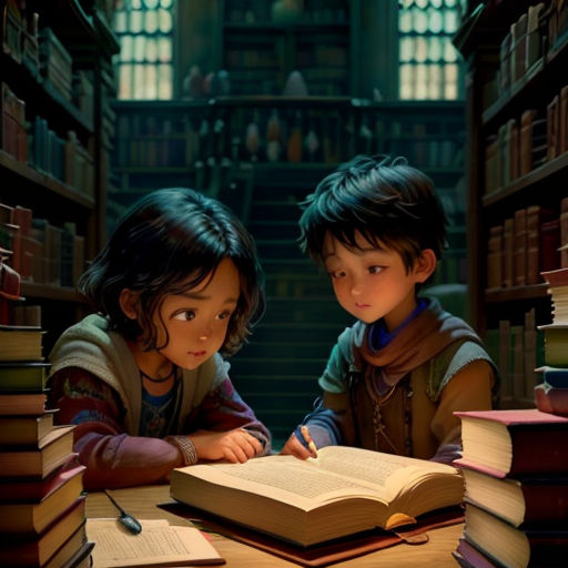 two children are reading a book in a library with books on the table and a pen in their hand