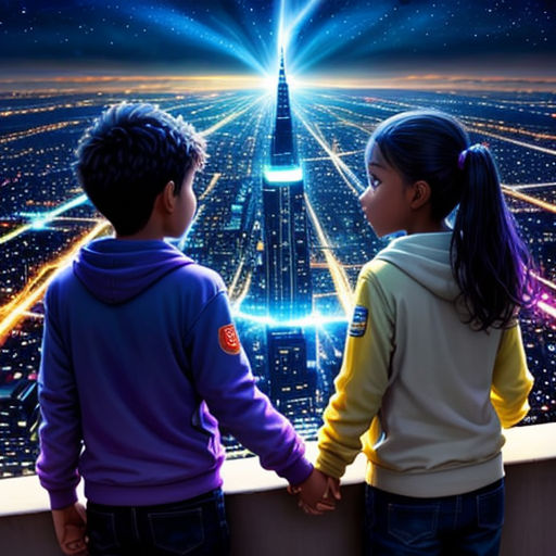 two children looking at a city at night with a bright light shining down on them and a cityscape in the background