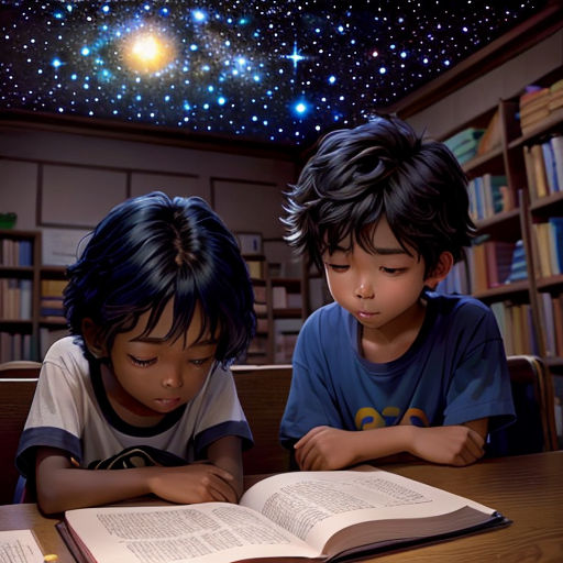 two children are reading a book in a library with a star ceiling above them and a bookcase full of books