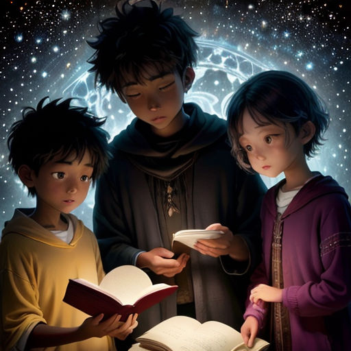 three children are reading a book in the dark with stars in the background and a full moon in the sky