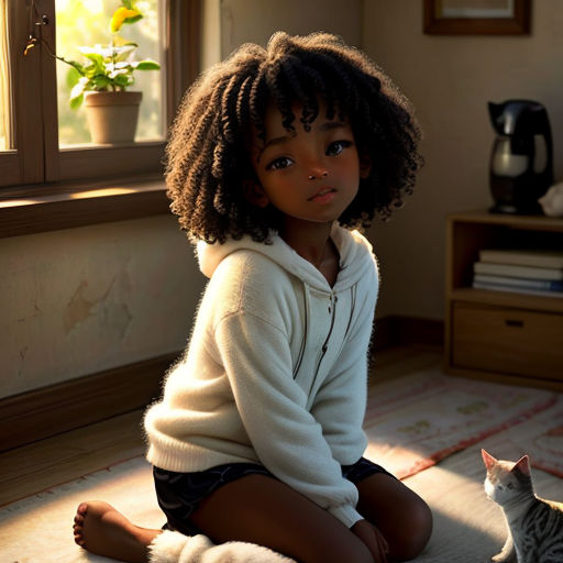a little girl sitting on the floor with a cat next to her on the floor in front of a window