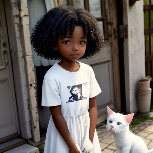 a little girl standing next to a white cat on a porch with a door in the background and a white cat on the ground