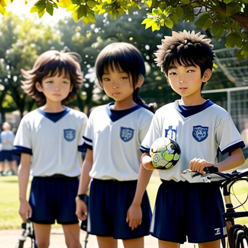 a group of young children standing next to each other holding soccer balls and a bike in front of a tree