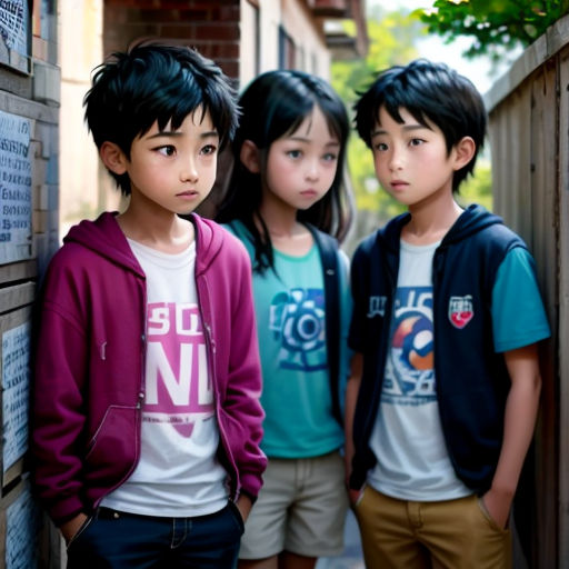 three young children standing next to a wall with a sign on it that says no children allowed to enter
