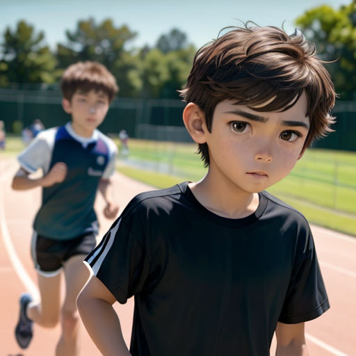 two young boys running on a track in a park area with grass and trees in the background, one of them is wearing a black shirt