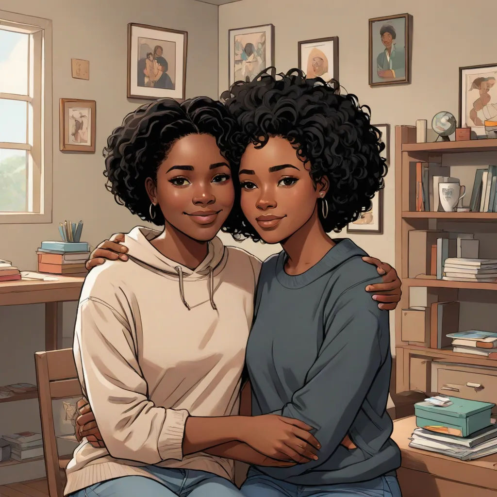 two women sitting next to each other in a room with a desk and bookshelves on the wall, afrofuturism, concept art, Chinwe Chukwuogo-Roy, official art