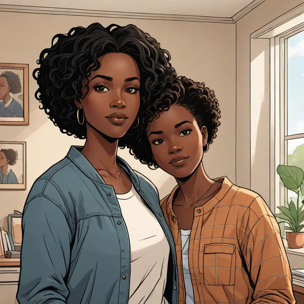 two women standing next to each other in a room with a window and a potted plant on the wall, harlem renaissance, a comic book panel, Chinwe Chukwuogo-Roy, official art