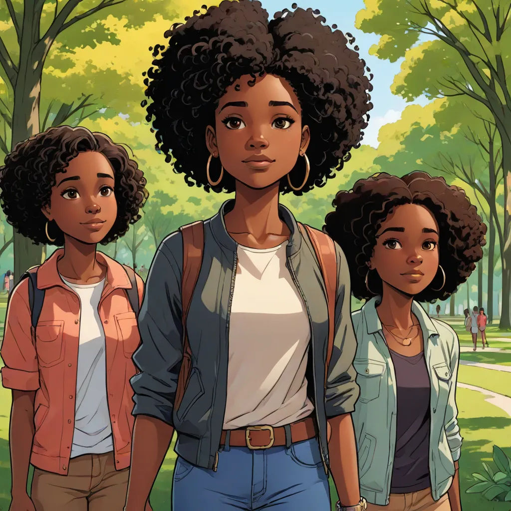 a group of young women standing next to each other in a park with trees and grass behind them,, harlem renaissance, a comic book panel, Chinwe Chukwuogo-Roy, comic cover art