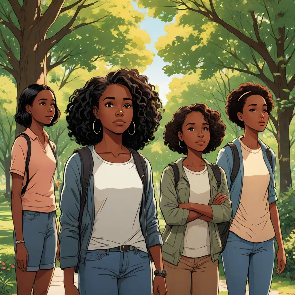 a group of young women standing next to each other in a park with trees and grass in the background, harlem renaissance, concept art, Cedric Seaut (Keos Masons), comic cover art