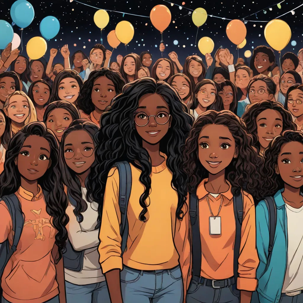 a group of people standing in front of a crowd of balloons and stars in the sky with a string of lights, afrofuturism, a comic book panel, Chinwe Chukwuogo-Roy, comic cover art