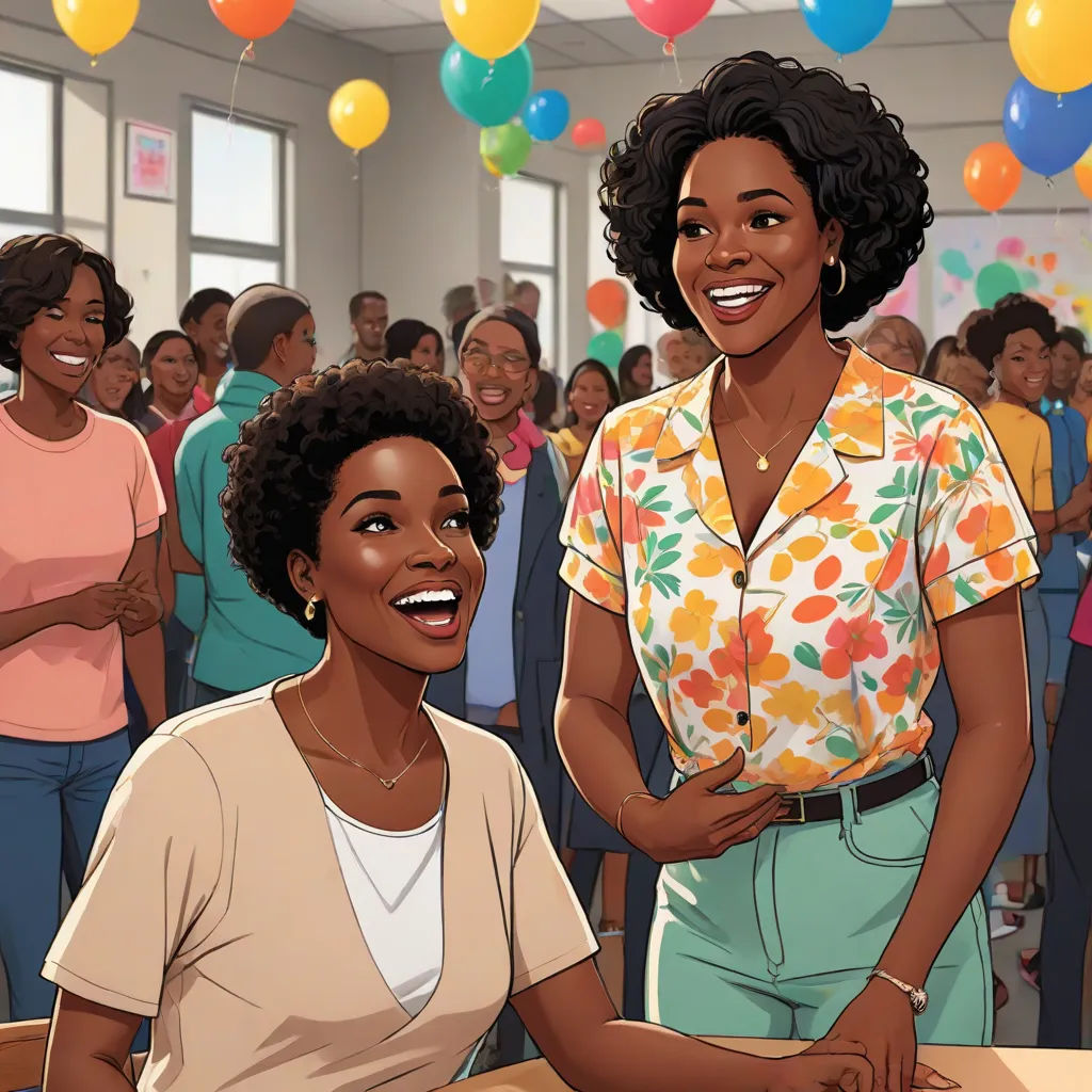a woman sitting next to a woman in a classroom with balloons in the background and a group of people standing around, harlem renaissance, a storybook illustration, Dorothy Coke, official art